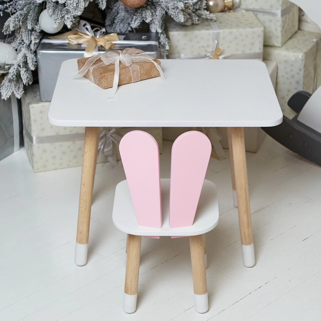 Прямокутний стіл і стільчик дитячий рожевий зайчик з білим сидінням. Столик білий дитячий Код/Артикул 115 23042 від компанії greencard - фото 1