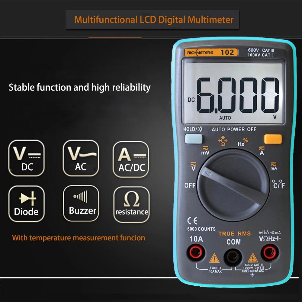 RICHMETERS RM102 РК-цифровий мультиметр DMM DC AC Напруга Діод Температурний тестер під замовлення за 30 днів доставка від компанії greencard - фото 1