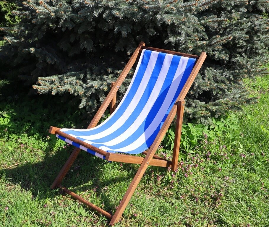 Розкладне дерев’яне крісло шезлонг з тканиною, для дачі, пляжу чи кафе. Колір каркасу: Коричневий Код/Артикул 115 від компанії greencard - фото 1
