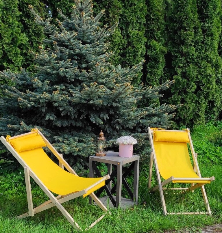 Розкладне дерев’яне крісло шезлонг з тканиною, для дачі, пляжу чи кафе. Крісла садові терасні дерев'яні. Лежак шезлонг від компанії greencard - фото 1