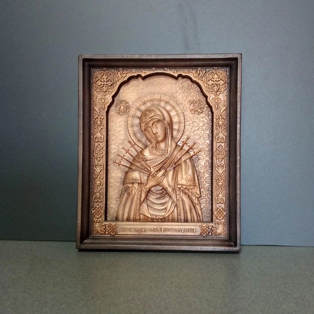 Семистрільна ікона Божої Матері дерев'яна різьблена розмір 12.5 х 15 см. Код/Артикул 142 516 від компанії greencard - фото 1