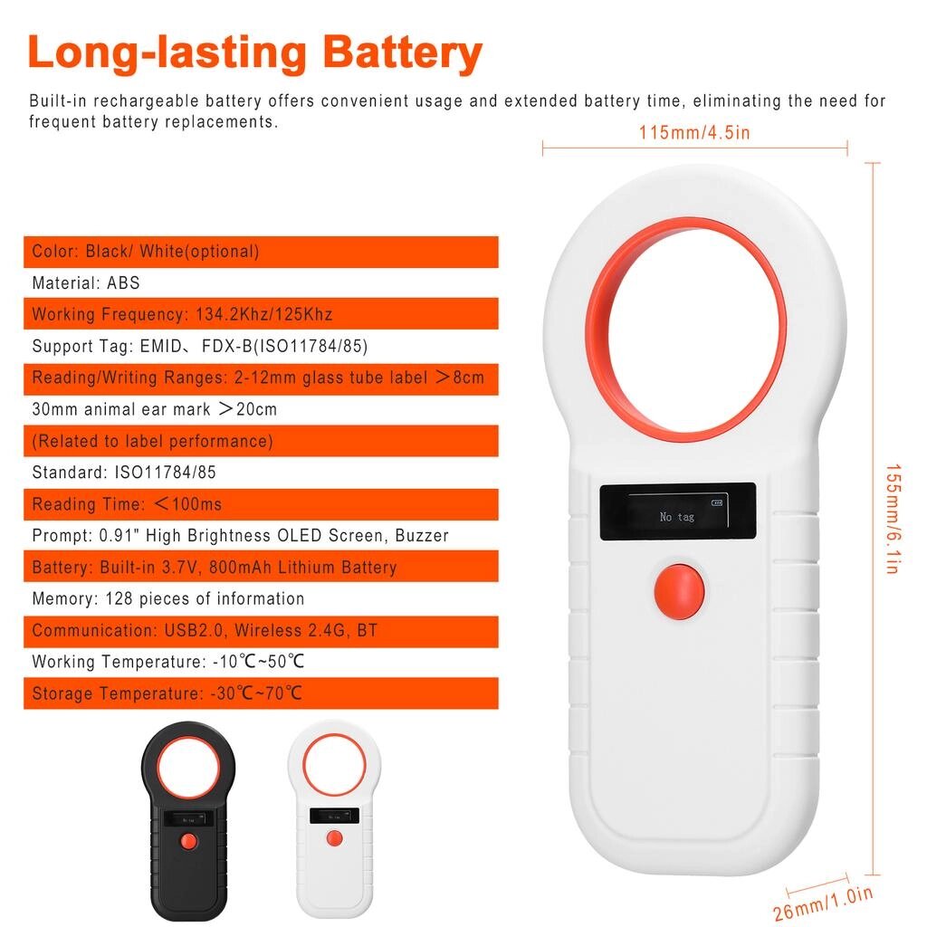 Сканер мікрочіпів для домашніх тварин, бездротовий RFID ручний сканер чіпів, сканер міток для тварин, що від компанії greencard - фото 1