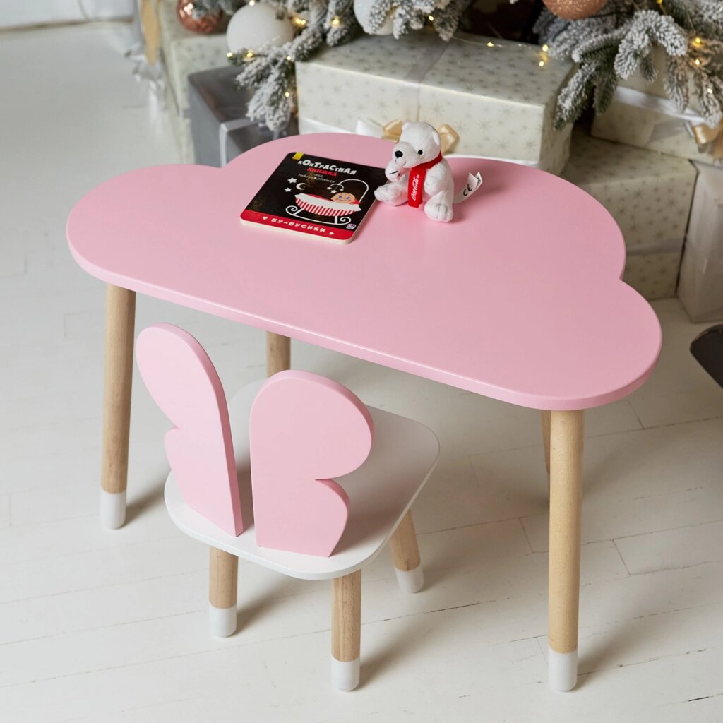 Стіл хмарка і стільчик метелик дитячий рожевий з білим сидінням. Столик для занять, ігор, їжі Код/Артикул 115 42520 від компанії greencard - фото 1