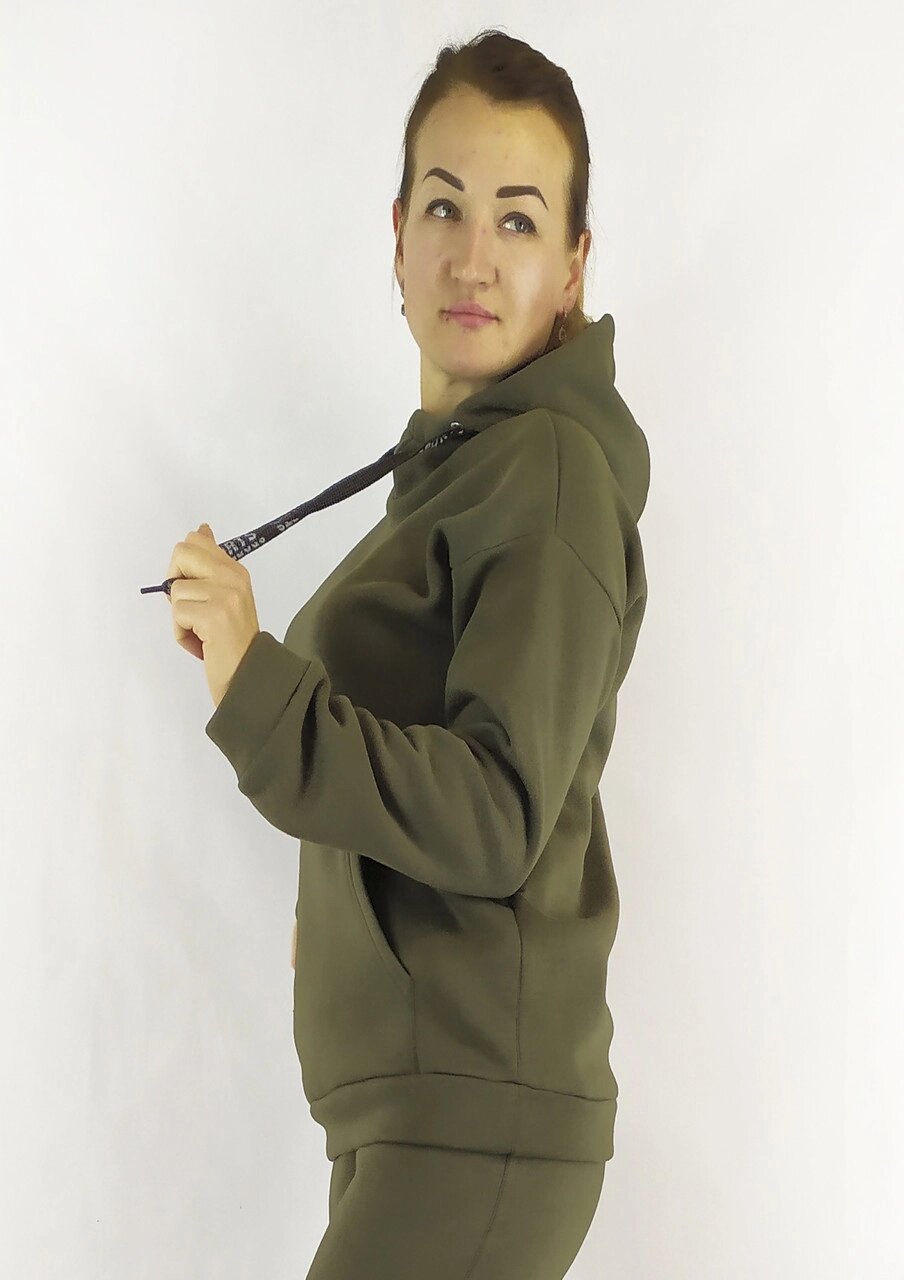 Сучасна жіноча кофта-худі у кольорі Хакі на флісі з капюшоном у розмірах S,M,L Код/Артикул 64 11089 від компанії greencard - фото 1