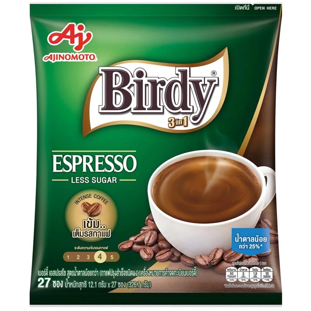 Суміш розчинної кави Ajinomoto Birdy 3 в 1 з формулою еспресо без цукру 12,1 г x 27 шт. / 40 шт. / 60 шт. - Тайська Під  від компанії greencard - фото 1