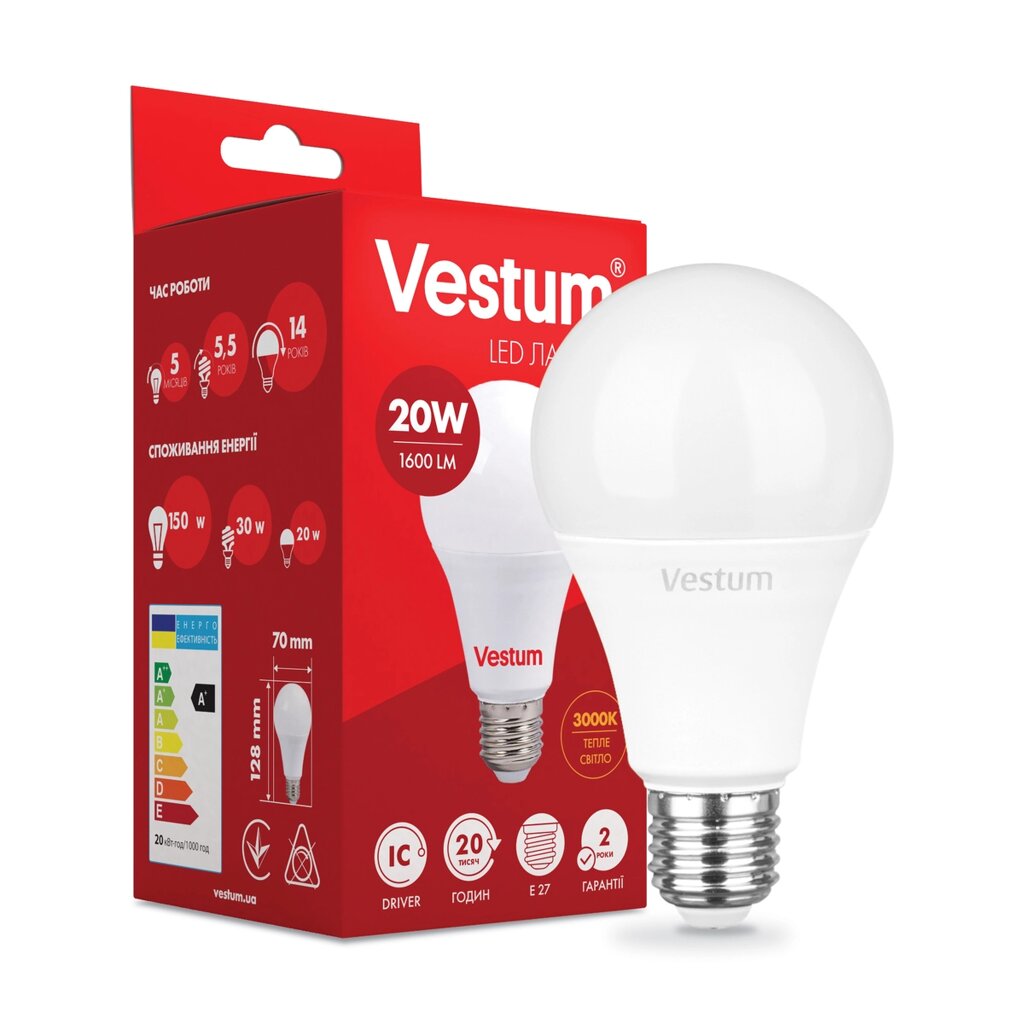 Світлодіодна лампа Vestum A70 20W 3000K 220V E27 1-VS-1110 Код/Артикул 45 1-VS-1110 від компанії greencard - фото 1