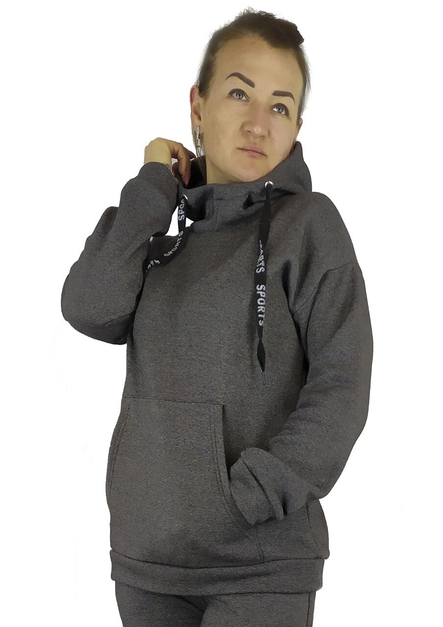 Тепла жіноча зимова кофта-худі сірого кольору на флісі з капюшоном XL, XXL, 3XL Код/Артикул 64 11106 від компанії greencard - фото 1