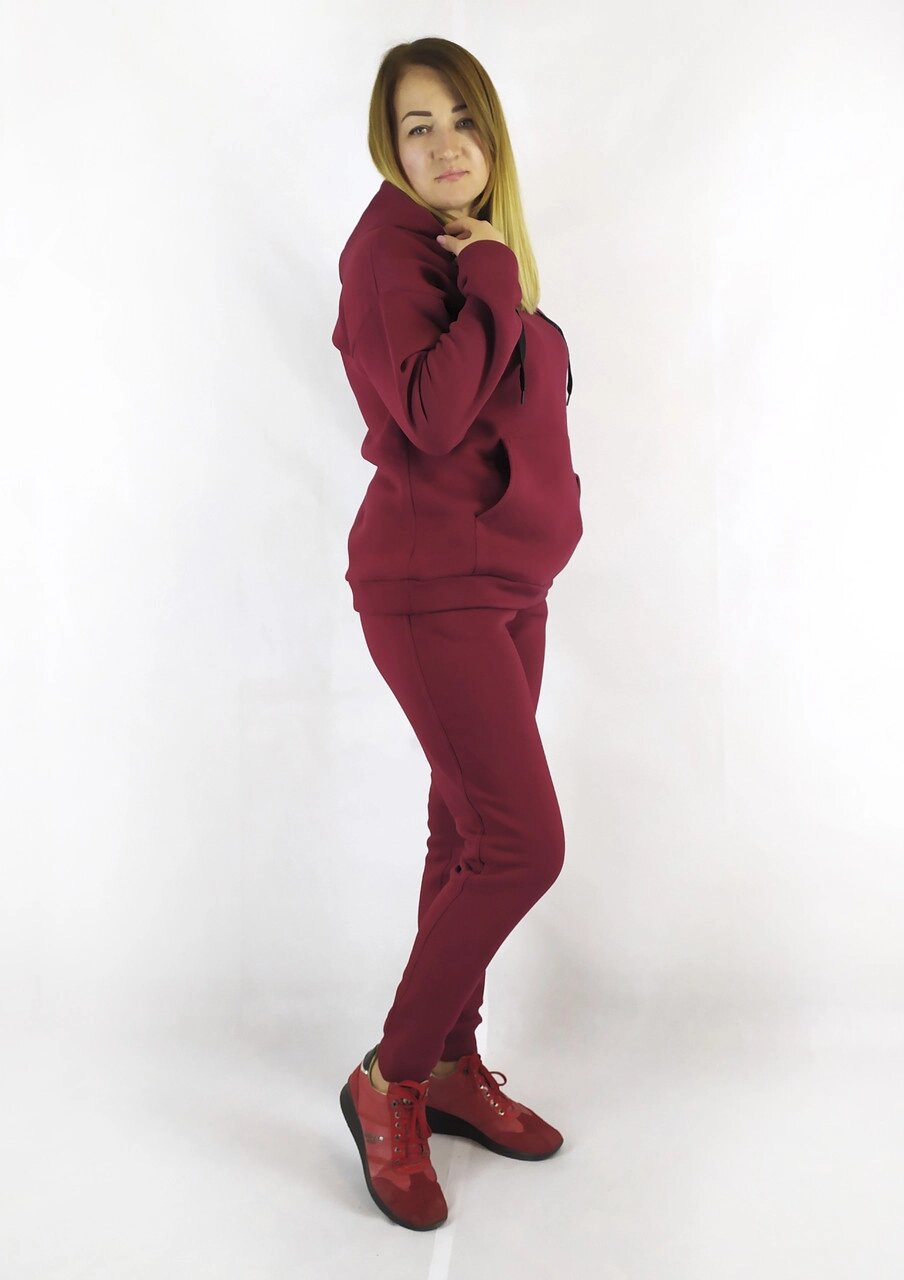 Теплий жіночий спортивний костюм бордового кольору із капюшоном XL, XXL, 3XL Код/Артикул 64 11055 від компанії greencard - фото 1