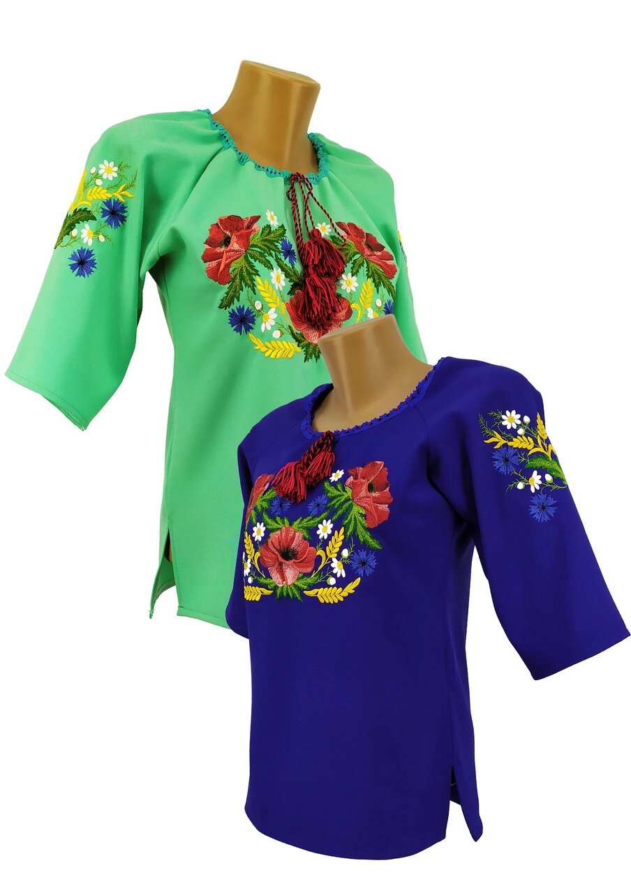 Вишита блуза для дівчинки з рукавом 3/4 «Мак волошка» Код/Артикул 64 11130 від компанії greencard - фото 1