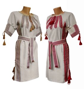 Вишите жіноче плаття з поясом і вишивкою на грудях Коричневий орнамент Код/Артикул 64 020132