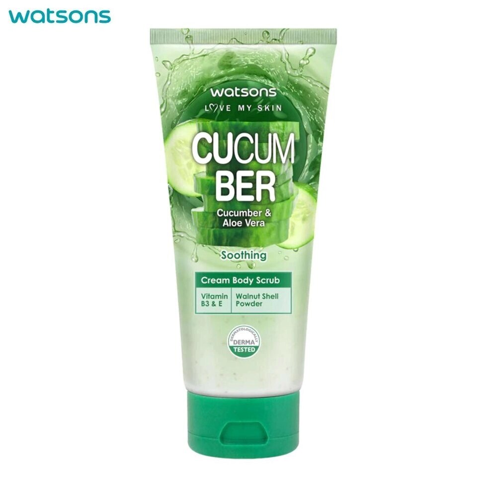 Watsons Крем-скраб для тіла Love My Skin Cucumber Aloe Vera, заспокійливий, вітамін B3 та E, порошок шкаралупи грецької  від компанії greencard - фото 1