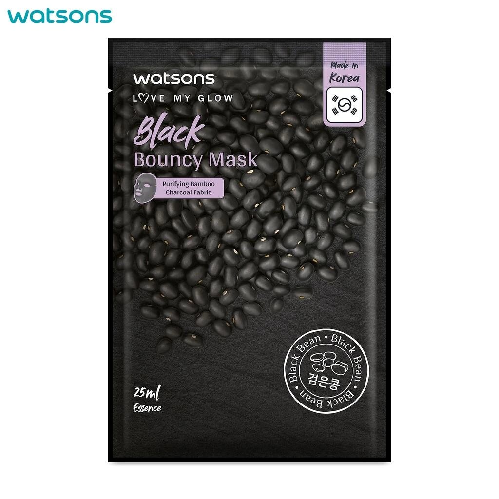 Watsons Love My Glow Black Bouncy Mask, Purify Bamboo Charcoal Fabric, чорна квасоля, 25 мл. x 3 шт. - Маска для від компанії greencard - фото 1