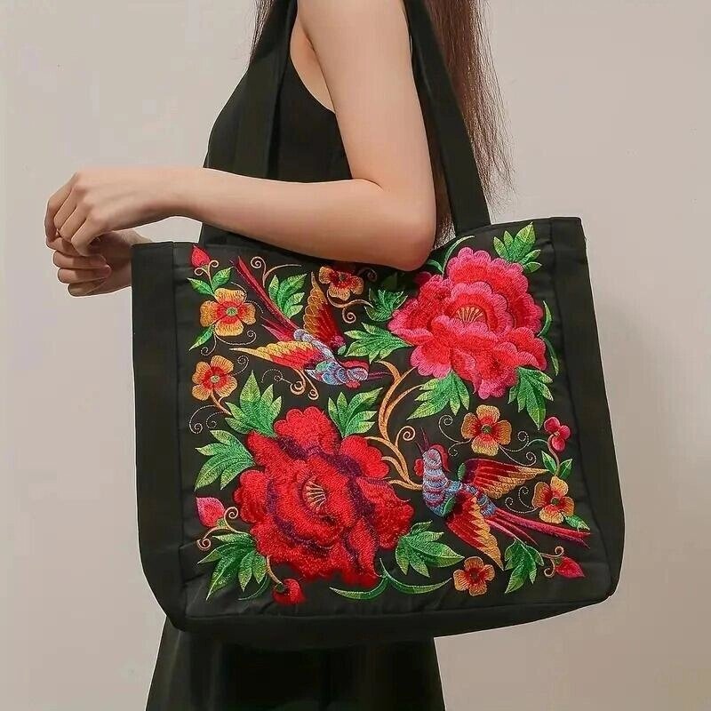 Yogodlns Сумка-тоут з полотна з квітковою вишивкою, сумка через плече в етнічному стилі, сумка великої ємності від компанії greencard - фото 1