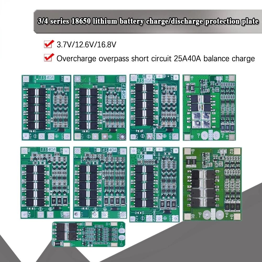 Захисна плата літій-іонної акумуляторної батареї 3S/4S 15A 20A 25A 40A 60A 18650 BMS для двигуна дриля 11,1 12,6 від компанії greencard - фото 1