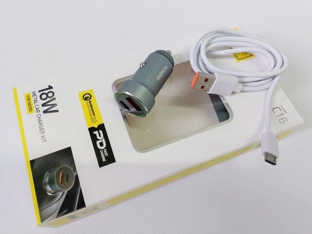 Зарядний пристрій автомобільний USB+Type-C, кабель MicroUSB C16 Код/Артикул 30 5369 від компанії greencard - фото 1