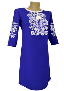 Жіноча синя сукня вишиванка із рукавом 3/4 та довжиною до колін Код/Артикул 64 07034