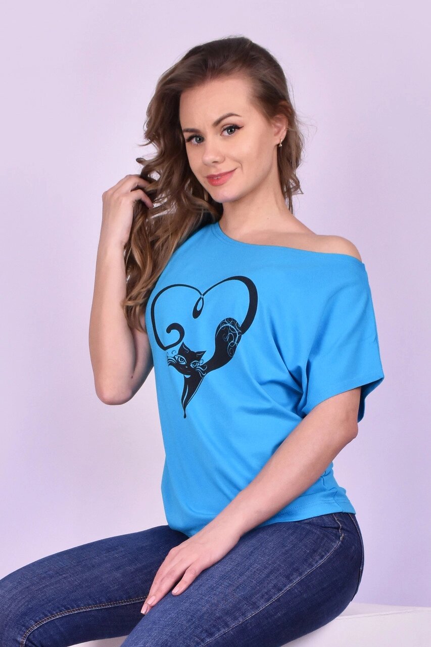 Жіноча футболка - Хуліганка "Кошка", розлітайка, віскоза, блакитна Код/Артикул 24 103, голубой від компанії greencard - фото 1