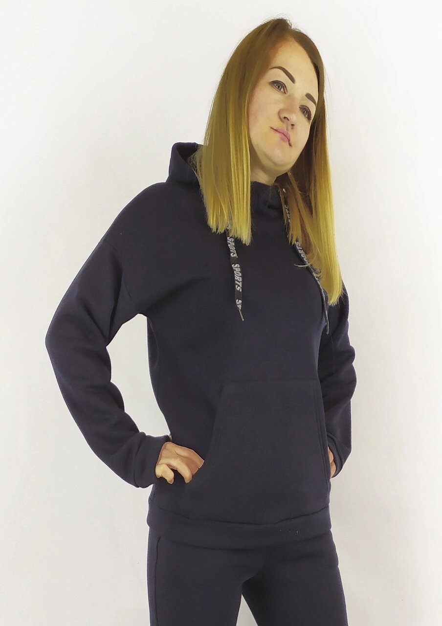 Жіноча кофта-толстовка в темно-синьому кольорі на зиму із капюшоном XL, XXL, 3XL Код/Артикул 64 11094 від компанії greencard - фото 1