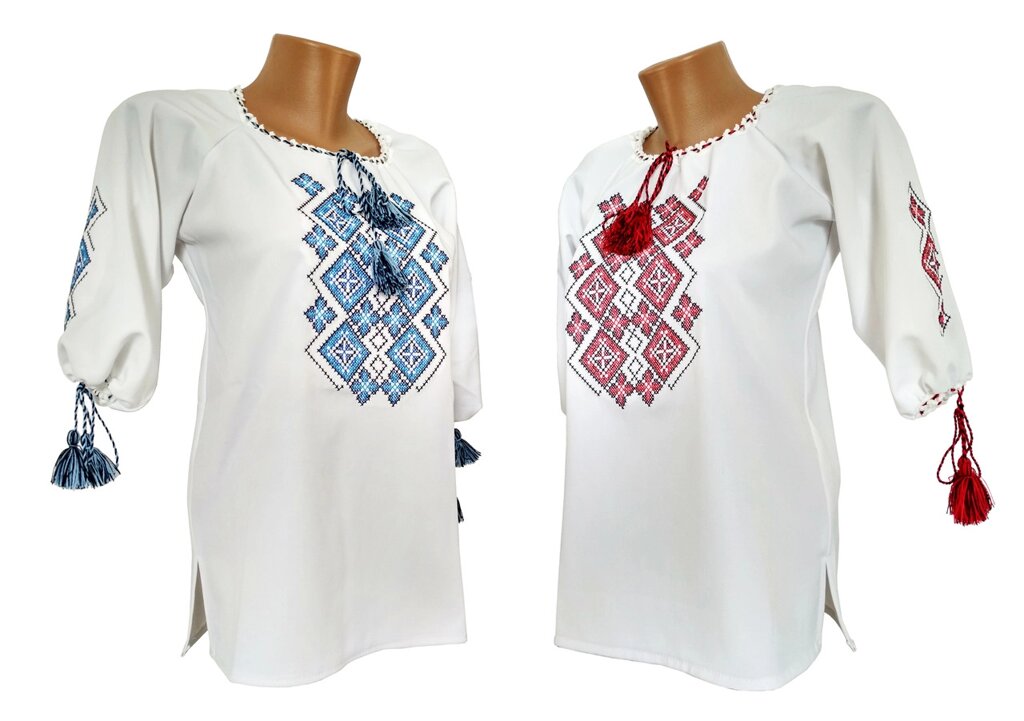 Жіноча вишита блуза білого кольору з коротким рукавом 3/4 «Святкова» Синій орнамент Код/Артикул 64 040732 від компанії greencard - фото 1