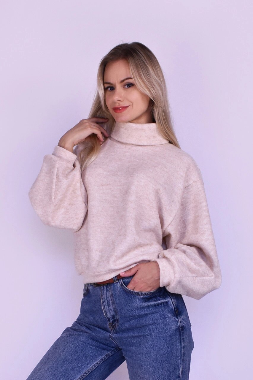 Жіночий светр оверсайз, короткий з ангори рубчик, бежевий Код/Артикул 24 503BE XS-M від компанії greencard - фото 1