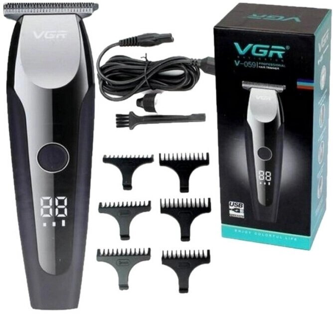 Машинка для стрижки волосся VGR V-059, Професійна бездротова машинка з LED-дисплеєм, тример, 6 насадок від компанії Кактус - фото 1