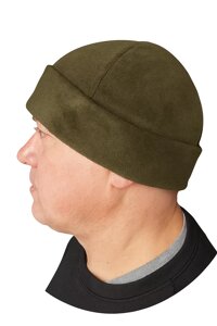 Флісова шапка хакі чоловіча з підворотом. Тепла