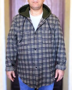 Чоловіча тепла сорочка в клітку з капюшоном, розмір 4XL (ОГ 144–152 см)