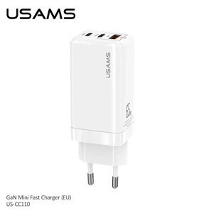 Адаптер мережевий USAMS GaN Mini Fast Charger US-CC110 ⁇ 1USB/2Type-C, QC/PD, 65 W, 5 A ⁇ white, Amazon, Німеччина