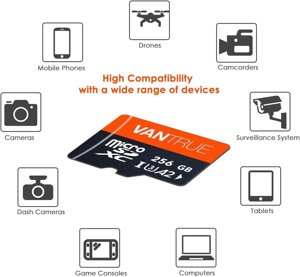 Картка пам'яті Vatrue microSDXC UHS-I U3 256 ГБ, високошвидкісне передавання відео 4K UHD з адапт Amazon, Німеччина