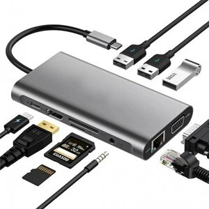 USB-хаб type C 10 в 1 HDMI VGA AUX 3.5 mm SD/TF card reader USB hub 3x3.0 ethernet LAN RJ 4, amazon, німеччина