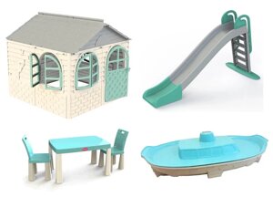 Великий ігровий майданчик Набір дитячий ТМ Doloni (будиночок, гірка, пісочниця, стіл та стільці) сіро-бірюзовий