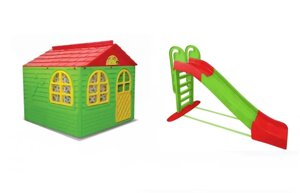 Дитячий набір Doloni будиночок XL та гірка велика 243 см, червоно зелений