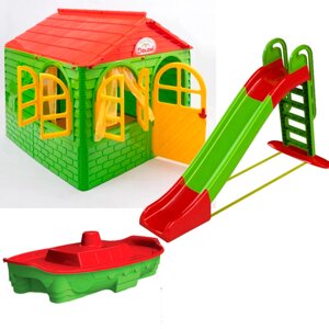 Дитячий набір Doloni будиночок XL, пісочниця, гірка велика 243 см, зелено-червоний