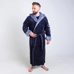 Теплий чоловічий махровий халат з сірим капюшоном, довгий банний халат з кишенями і коміром, халат з поясом