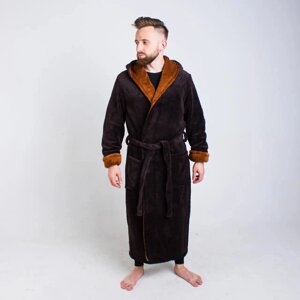 Теплий чоловічий махровий халат з капюшоном шоколадного кольору з коричневим коміром