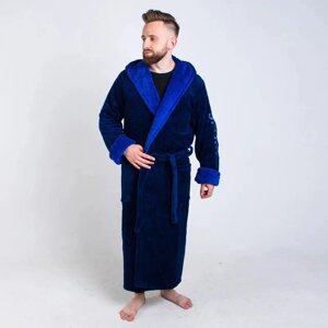 Теплий чоловічий махровий халат Sport з капюшоном синій з волошковим коміром