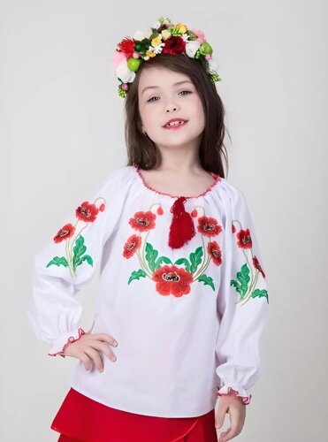 Вишита блузка з маками в українському стилі Марічка, біла, бавовна, довгий рукав, на дівчинку 4,5,6,7,8,9 років