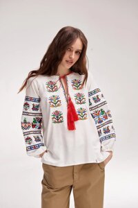 Жіноча блуза вишиванка "Подільська", біла лляна сорочка з вишивкою в етно-стилі