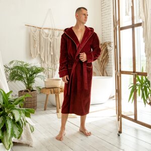 Чоловічий домашній халат на запах, натуральний 100% бавовна бордовий халат з капюшоном