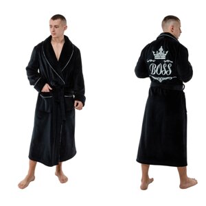 Чоловічий банний халат на запах з вишитим логотипом довгий з коміром Колір чорний
