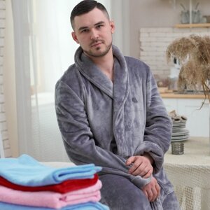 Чоловічий домашній халат з плюшевою махри сірий довгий з коміром