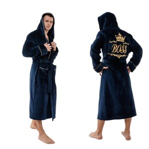 Чоловічий домашній халат з капюшоном довгий з поясом і з індивідуальної вишивкою. Колір: темно-синій