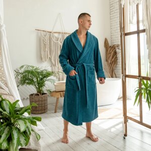 Чоловічий довгий махровий халат на запах, 100% бавовна, натуральний банний халат, колір бірюзовий