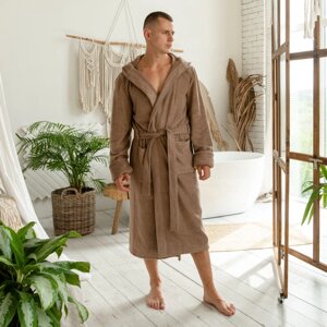 Чоловічий махровий довгий натуральний банний халат на запах, 100% бавовна, колір капучіно, комір