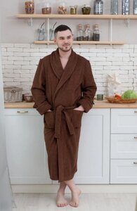 Чоловічий довгий махровий банний халат коричневий з 100% натуральної бавовни, комір