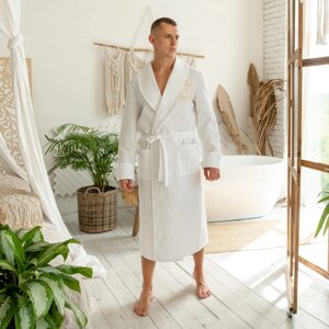 Натуральний вафельний чоловічий халат на запах, довгий халат з поясом, колір білий