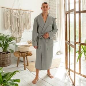 Натуральний вафельний чоловічий халат на запах, довгий домашній світло-сірий халат