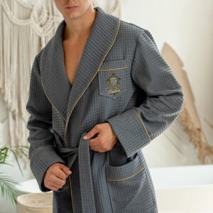 Натуральний вафельний чоловічий халат на запах, довгий домашній темно-сірий халат