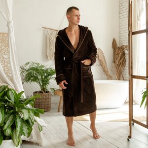 Чоловічий домашній халат 100% бавовна на запах, натуральний банний халат з капюшоном, колір коричневий