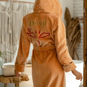 Жіночий персиковий велюровий домашній халат з капюшоном та іменний вишивкою, преміум-махра, бавовна